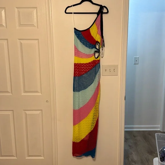Staud Alpes One Shoulder Cutout Rainbow Crochet Knit Dress - Picture 3 of 10